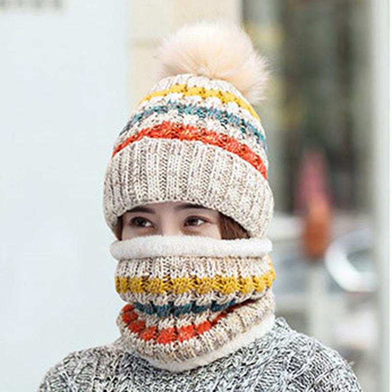 

2pcs Winter Warm Cycling Hat Scarf Set Women Plush Knitted Woolen Beanie Cap Stripe Pompom Female Putdoor Windproof Bonnet Hat, Black