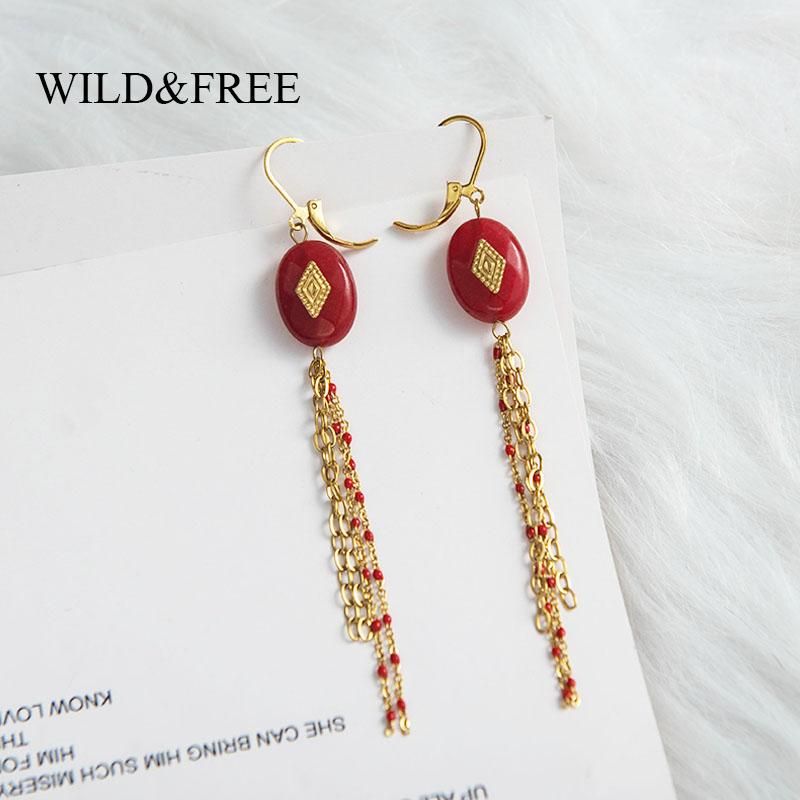 

Wild&Free Women Natural Stone Drop Earrings Vintage Long Beads Tassel Dangle Earrings Stainless Steel Jewelry Party Gift