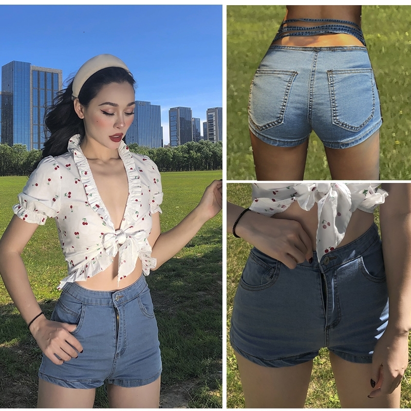 

2021 New Waistband Cowboy Shorts Skinny High-end Waitress Streetwear Top Pants Jeans Shop 6ZZJ, Sky blue.