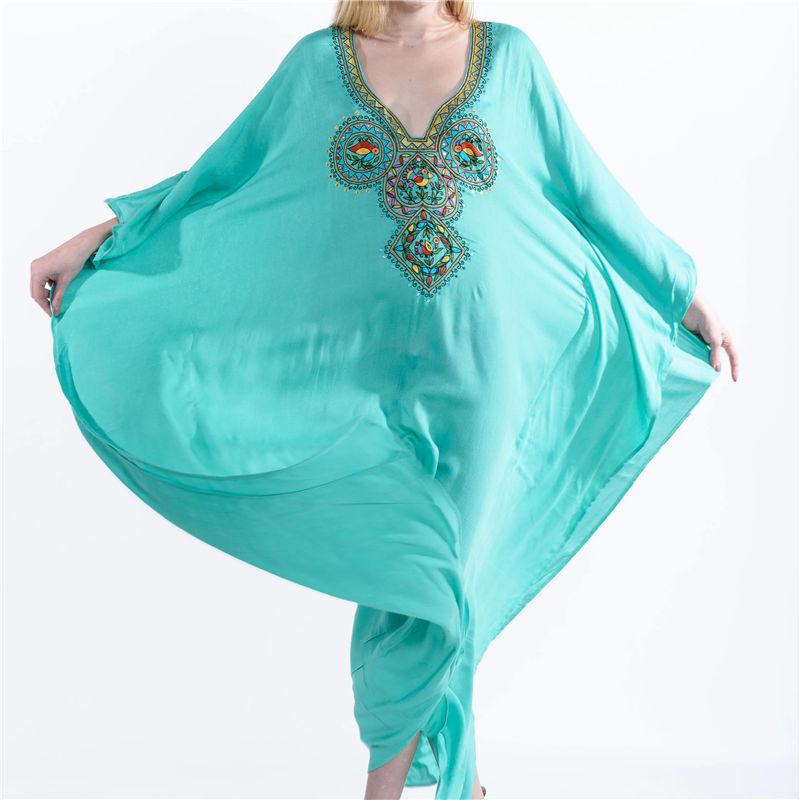 

2020 Bohemian Embroidered Loose Summer Beach Dress Women Plus Size Beachwear Moroccan Kaftan Robe Plage Elegant Maxi Dress N961, Green