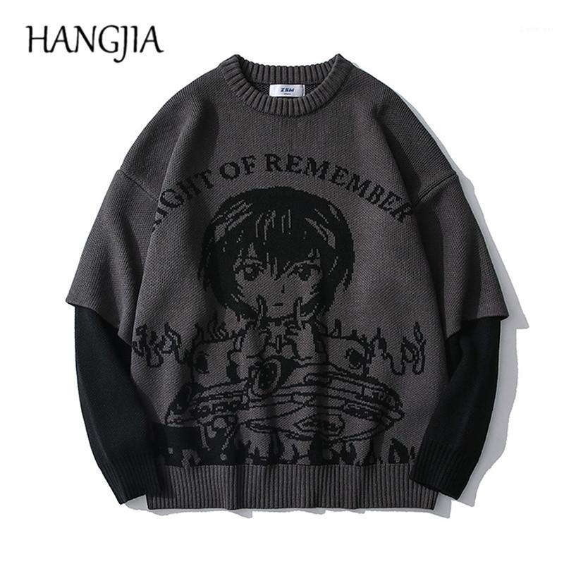 

Men's Sweaters Japanese Anime Cartoon Knitted Sweater Men Women Hip Hop Oversized Harajuku Handsome Pullovers Fake Two-piece1, Black