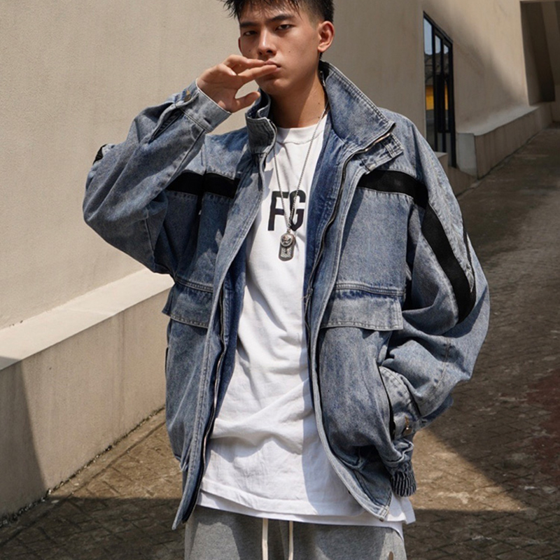 

2021 New Color Contrast Stitching Denim Men's Harajuku Big Pocket Jeans Jacket Oversize Autumn and Winter Windbreaker Jackets 54ok, Blue
