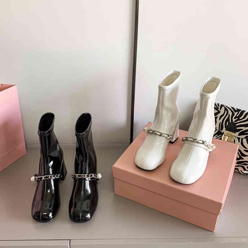 

minority short boots women new black patent leather thick heel Pearl Chain Boots high elastic thin, White