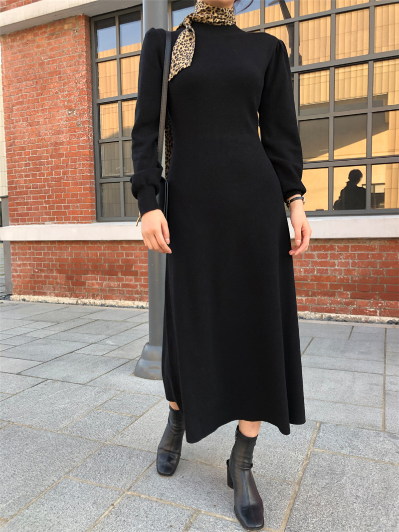 

2021 Vintage French Style Women Elegant Slim Lantern Sleeve Knitted Female A-line Korean New Autum Spring U131, The picture color