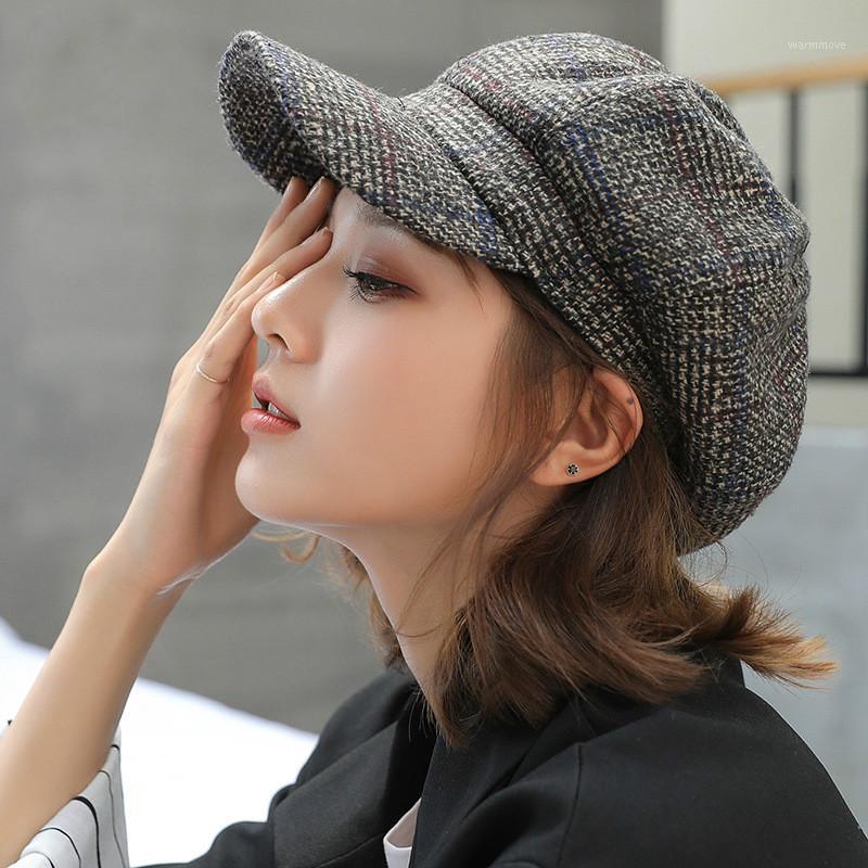 

New Octagonal Newsboy Winter Women Cap Thicken Wool Visors Caps Autumn Casual Painter Fashion Plaid Beret Hat1, Khaki