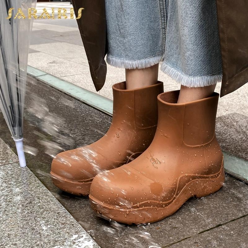 

Sarairis 2021 Fashion Platform Rainboots Shoes Ladies Concise Trendy INS Hot Fashion Comfy Slip-On Ankle Boots Woman Shoes, Brown