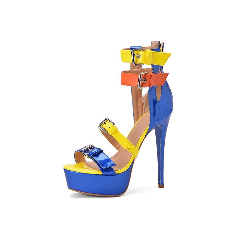 

MKKHOU Fashion Sandals Women 2021 summer new color thin band combination buckle high heel open shoes Women shoes sizes 36-47, Blue