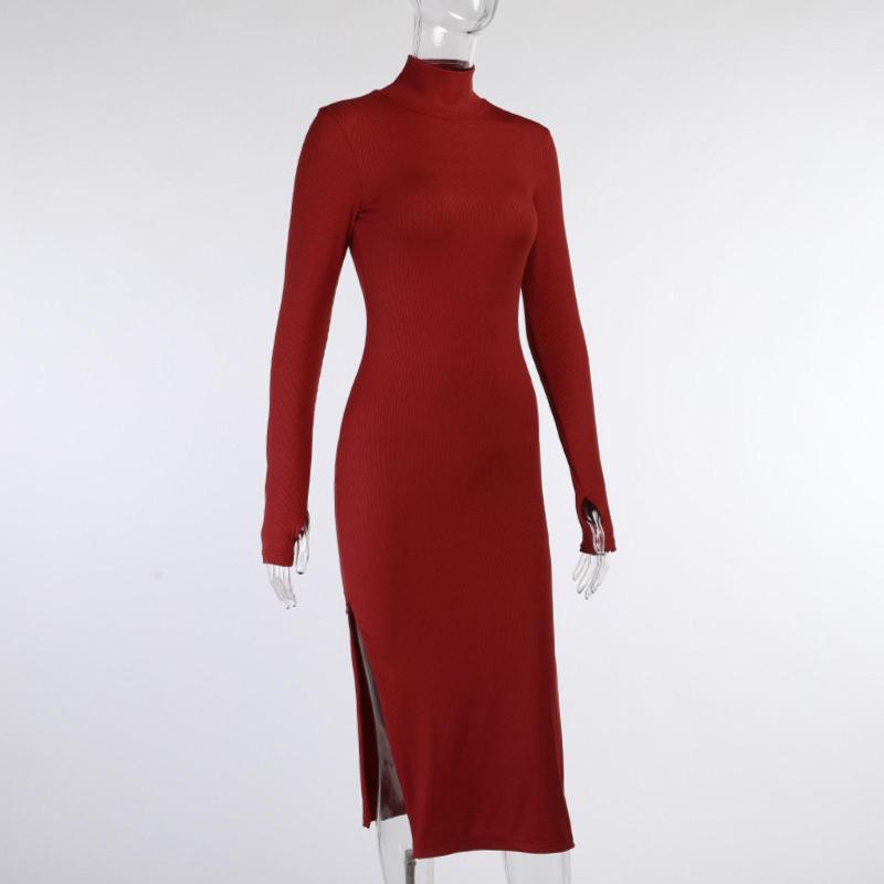 

Sexy Women Dress Solid Color Cotton Polyester Long Sleeve High Split Zip Bodycon Midi Dress Women' Clothing vestidos, Black