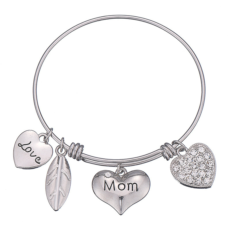 

Stainless Steel Love MOM Charm Bangle Adjustable Bracelet for Mother Gift