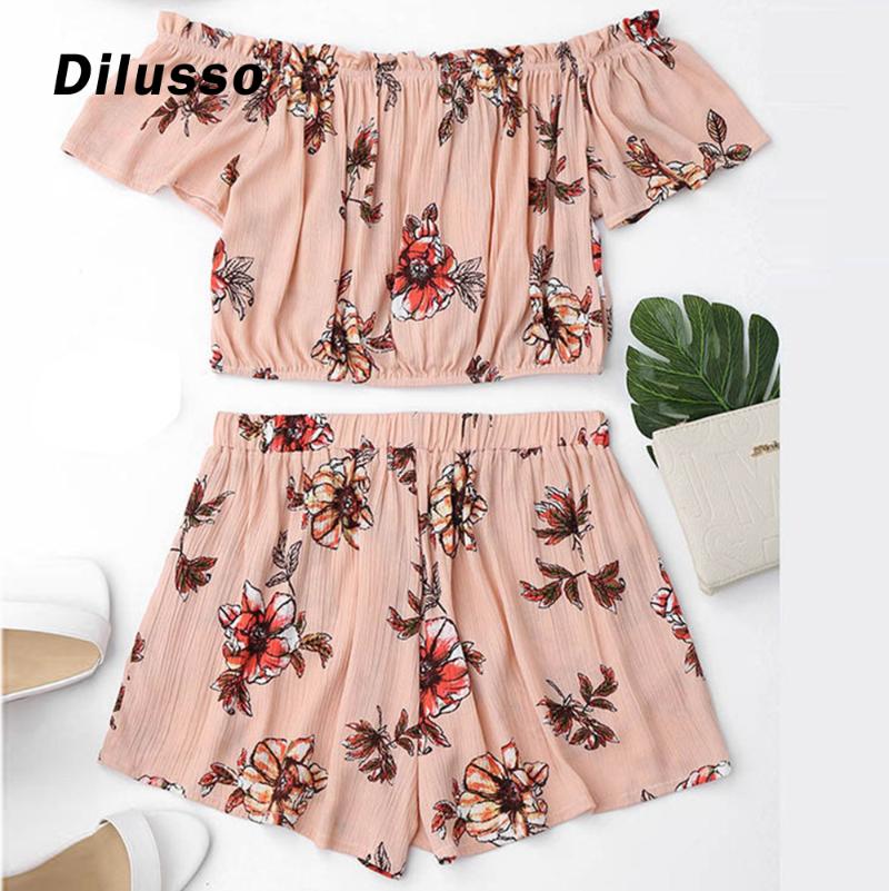 

Casual Two Piece Set Women Off Shoulder Printed Beachwear Crop Tops Set Floral Print Summer Daily Suit Female Fashion Sets, Pink