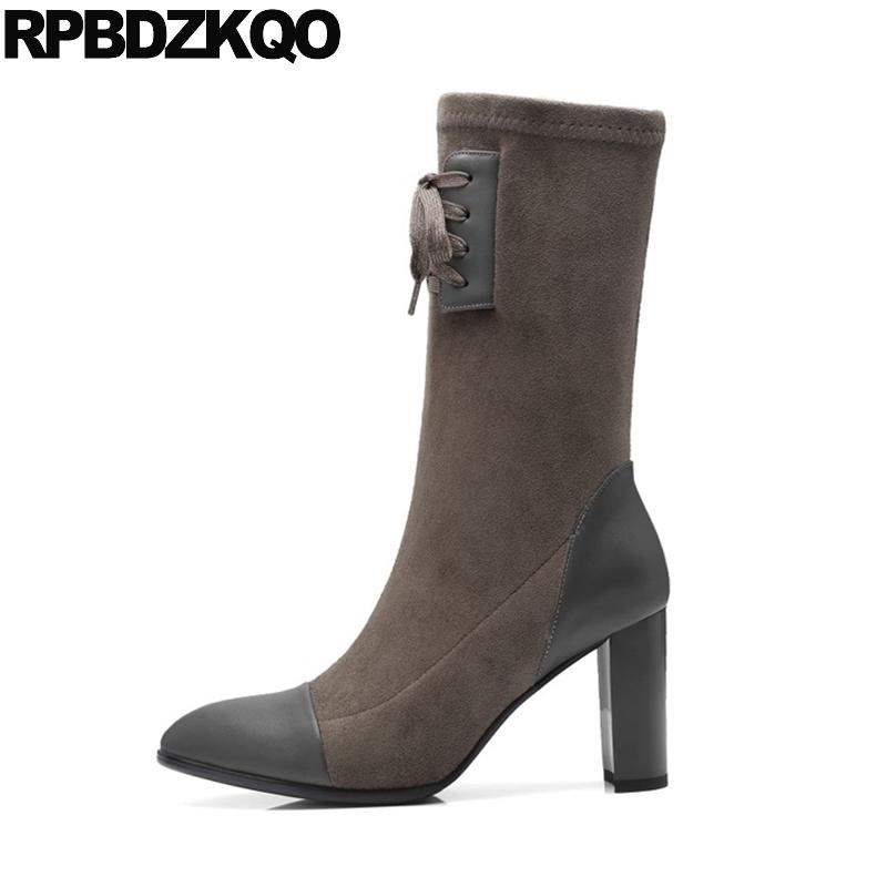 

high heel pointed toe fur lace up mid calf faux 2020 grey ladies chunky brand women winter boots genuine leather suede shoes new, Black