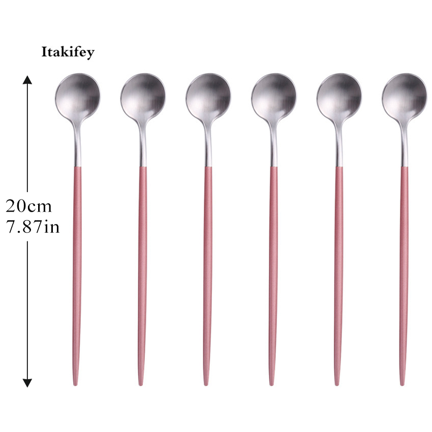 

Long Handle Stainless Steel Stirring Spoon Titanium-plated Rose Gold Spoon Coffee Thicken round Kitchen Cutlery set