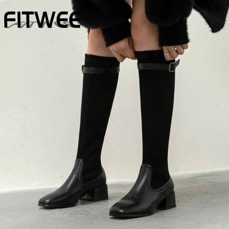 

FITWEE Plus Size 31-43 Women Knee High Boots Patchwork Buckle Women Winter Long Boots Daily Fashion Cool Shoes Ladies, Black