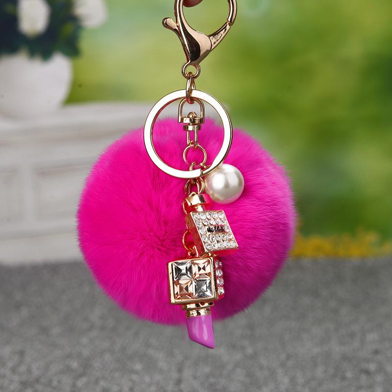 

Fur Pom Pearl Key Chain Lipstick Rhinestone Key Ring Ladies Handbag Charm Chain Pendant Handbag Charm