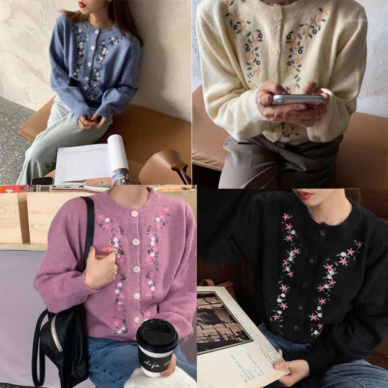

Elegant Long Sleeve Embroidery Sweater Women 2020 New Single-Breasted Female Short Cardigan Soft Flexible Knitted Sweater Autumn1, Black