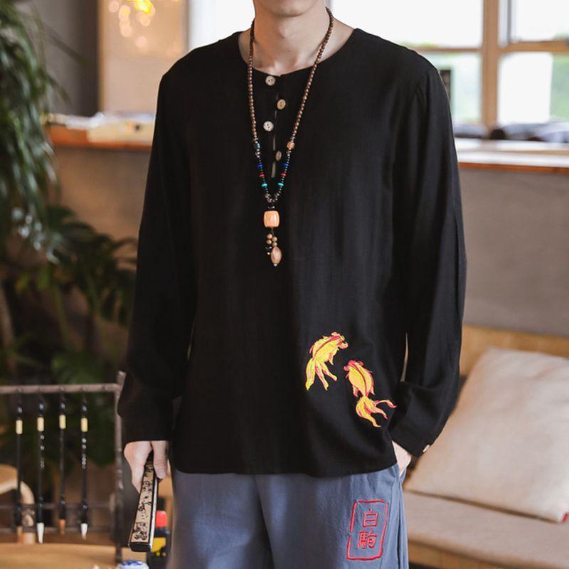 

Sinicism Store Embroidery Linen Chinese Style Shirt Mens Fashion 2020 Spring Summer Mens Shirts Male White Shirt Clothing 5XL1, Black