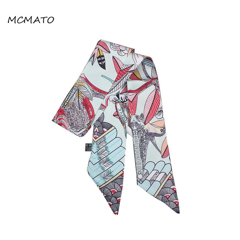 

2020 New Design Feather Bird Leaves Print Woman Silk Scarf Brand Bag Ribbons Fashion Head Scarf Small Long Scarves headband