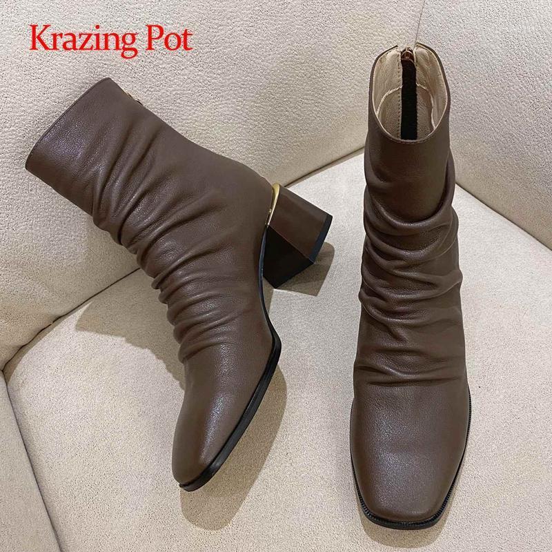 

Krazing pot fashion boots genuine leather pleated streetwear square toe thick high heel zipper beauty lady dress ankle boots L891, Deep brown