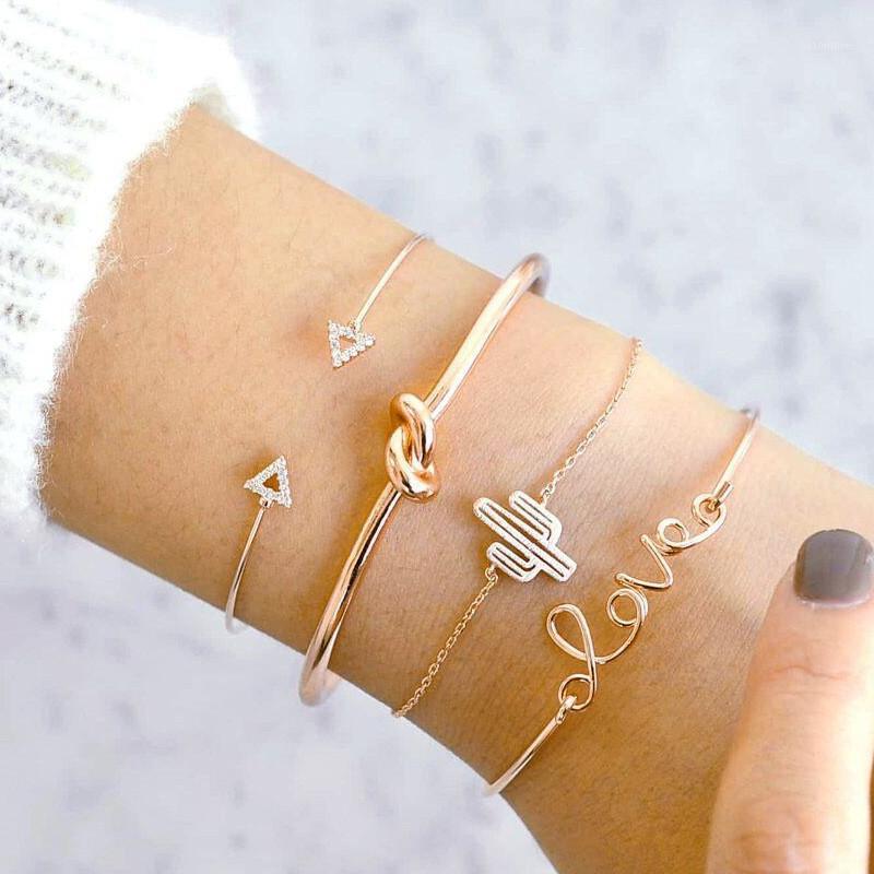 

Vagzeb 4pcs/1set Gold Color Cactus Letter Knot Bracelet Bohemian Geometric Metal Chain Bracelet Statement Jewelry1