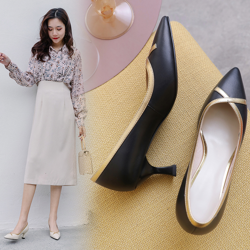 

2021 Female Pumps Hot Superior to Sheep's Skin Ladies'palm Shoes Pointy Heels Metal Salad Strips 8EFB, Black