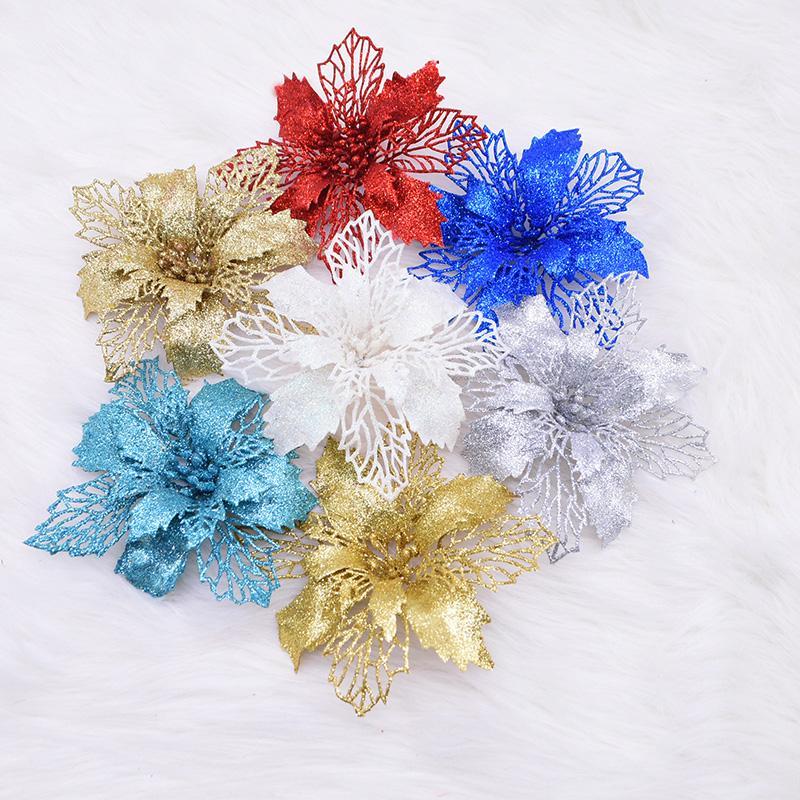 

5pcs/lot 16cm Glitter Artificial Flowers Christmas Tree Ornament for Wedding Festival Party Home DIY Fake Flower Head Decoration1, B01