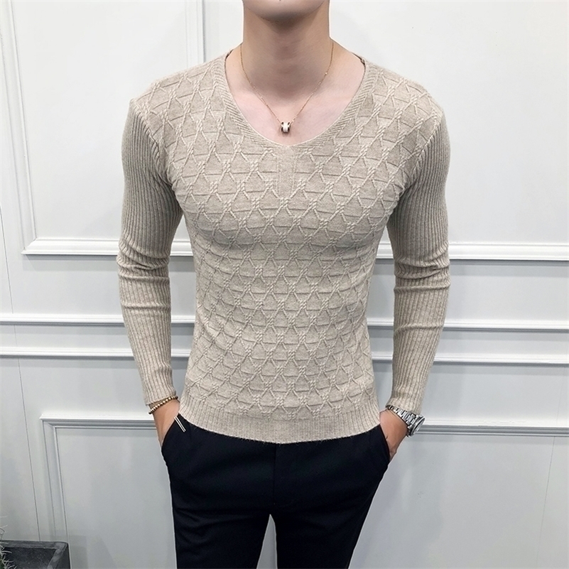 

Brand Men Sweater Fashion Autumn Winter V Neck Casual Knitted Sweaters For Men Long Sleeve Slim Fit Streetwear Pull Homme 201202, Coffee