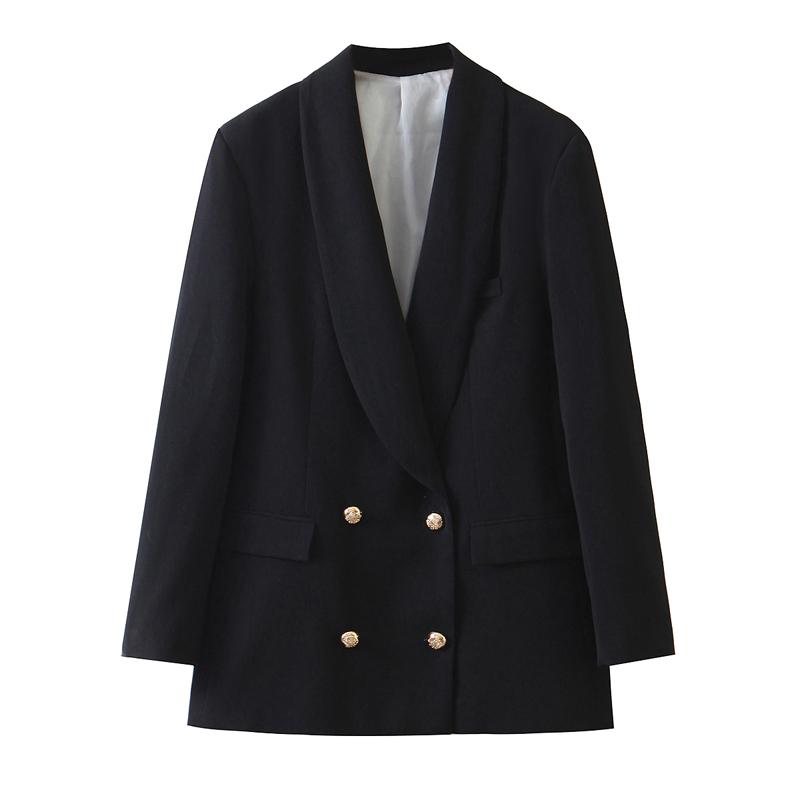 

2021 Fashion Solid Black Jackets Women Elegant Double Breasted Suits Female Ladies Office Lady Shawl Collar Blazers, As pic