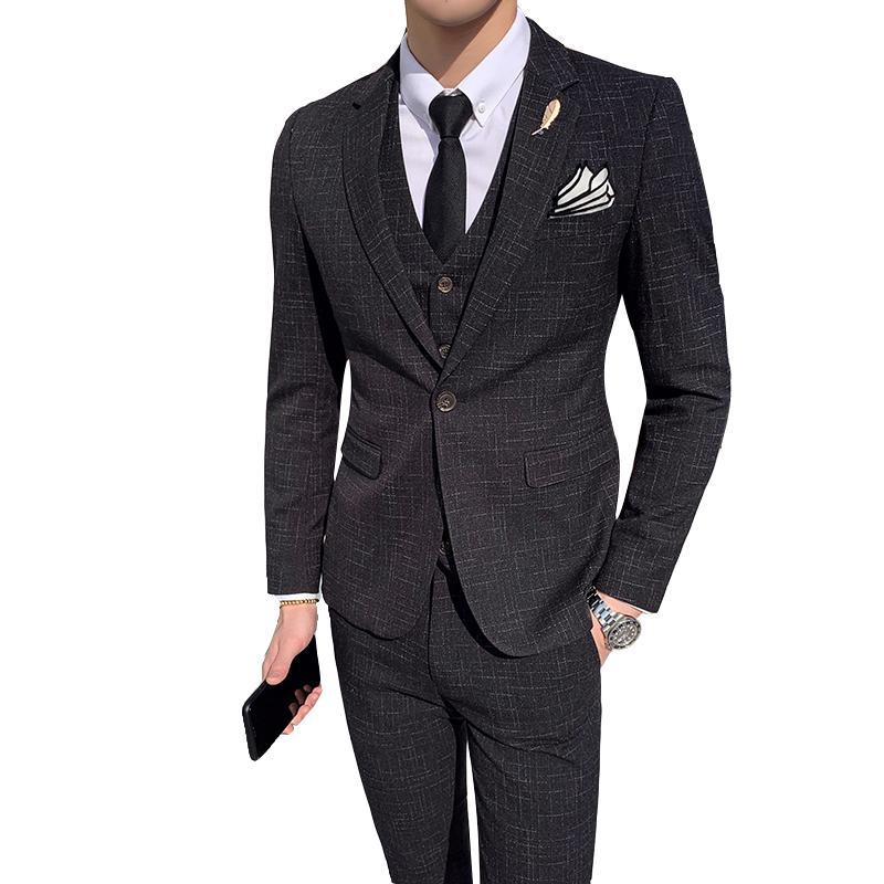 

Blazer Vest Pants 3 Piece Suit Set / Men's Fashion High End Slim Plaid Party Dress Business Jacket Trousers Waistcoat Coat, Black