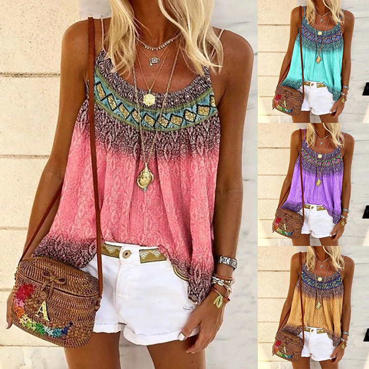 

New Fashion Womens Loose Summer Leisure Round Neck Sling Printed vest T-shirt Tops Tees Sleeveless Ladies T Size S, More buy more cheap