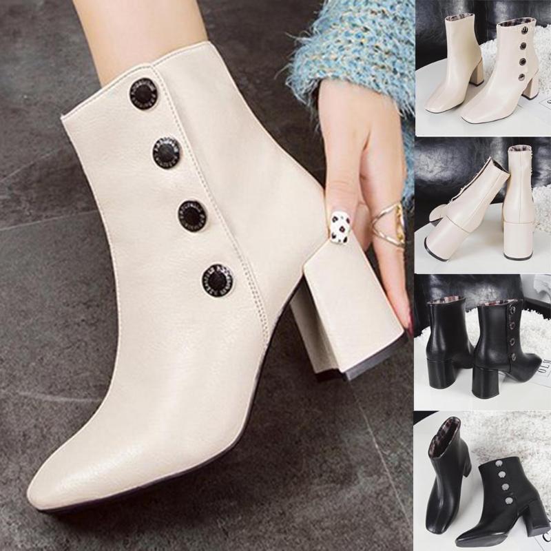 

Women Boots Warm Fretwork Heels Winter Retro Buckles Short Plush Inside Shoes Boots PU Leather Female Casual Shoes M50#1, Bk