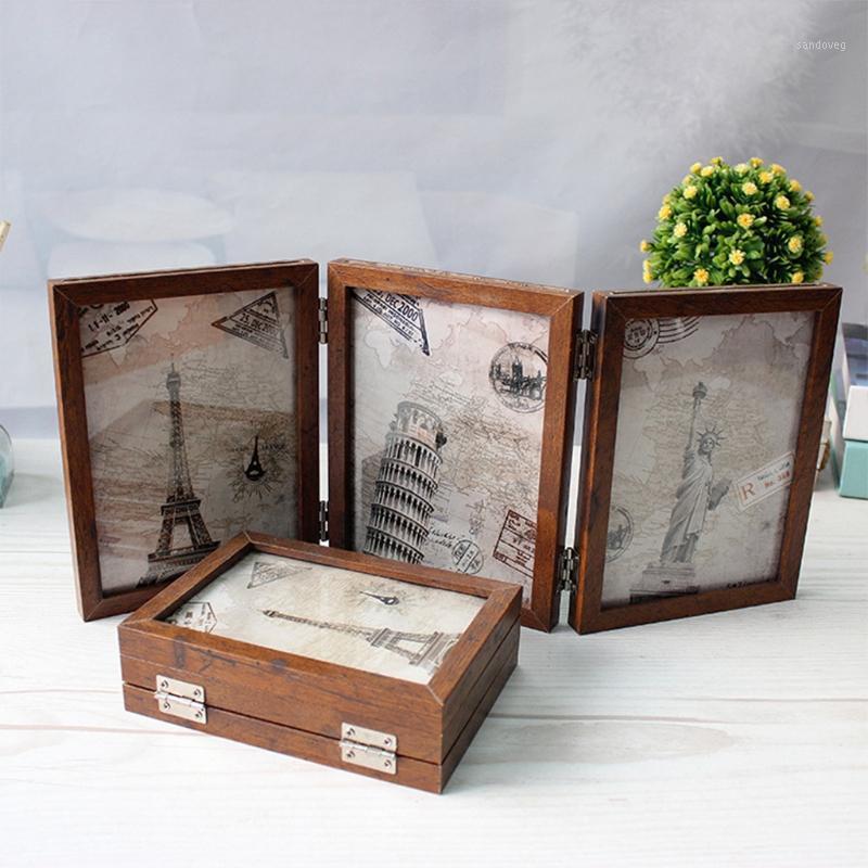 

Retro double-sided triple-fold composite photo frame Hinged Picture Frame with Glass Front Made to Display Stands Vertically1