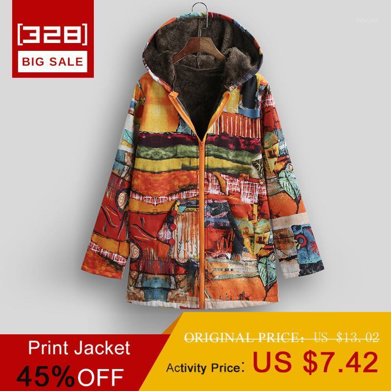 ethnic printed faux fur hooded fleece autumn winter coat