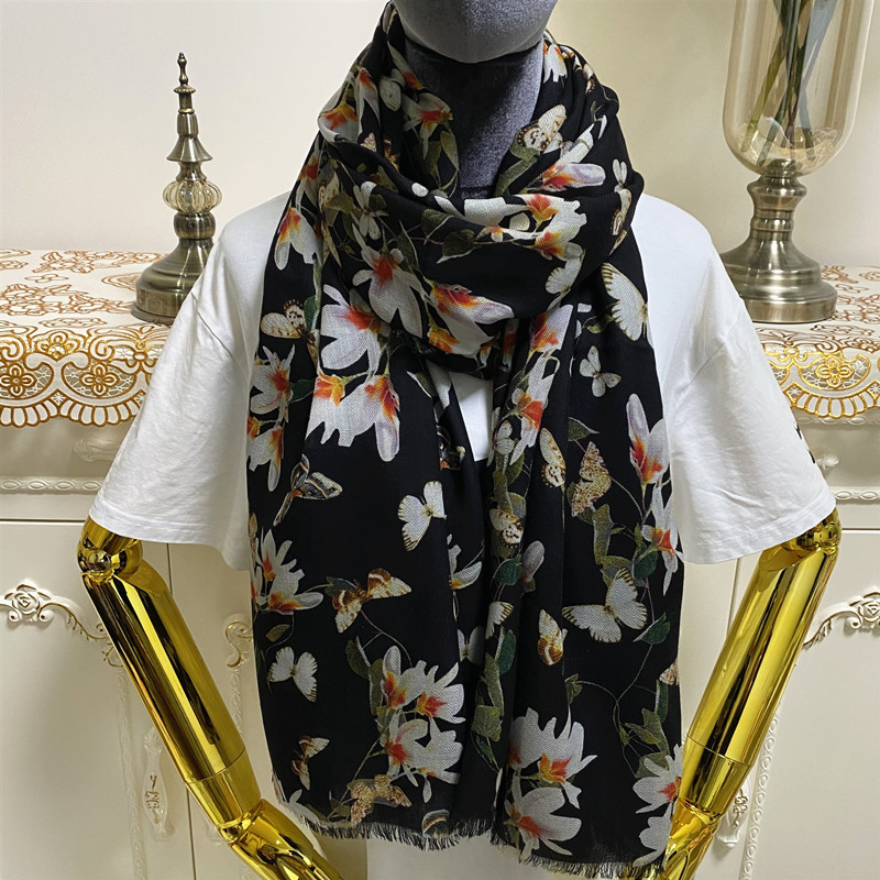 

New style good quality 100% cashmere material thin and soft print Flower butterfly pattern long scarves for women size 190cm -110cm