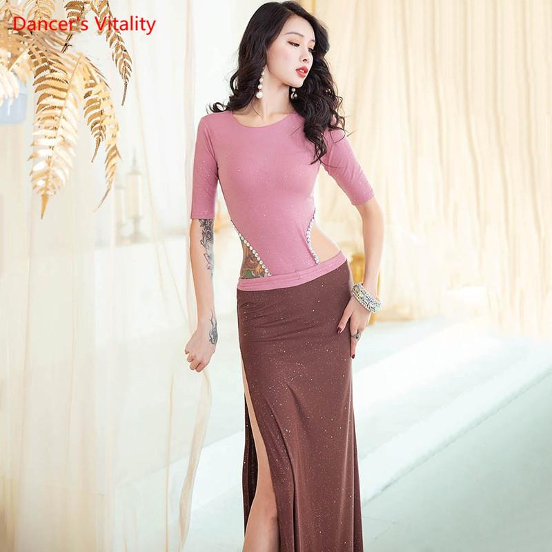 

Belly Dance Woman Temperament Top Practice Clothes Oriental Dancewear Female Elegant Shirt Long Skirt Performance Clothing Suit, Black vs gray