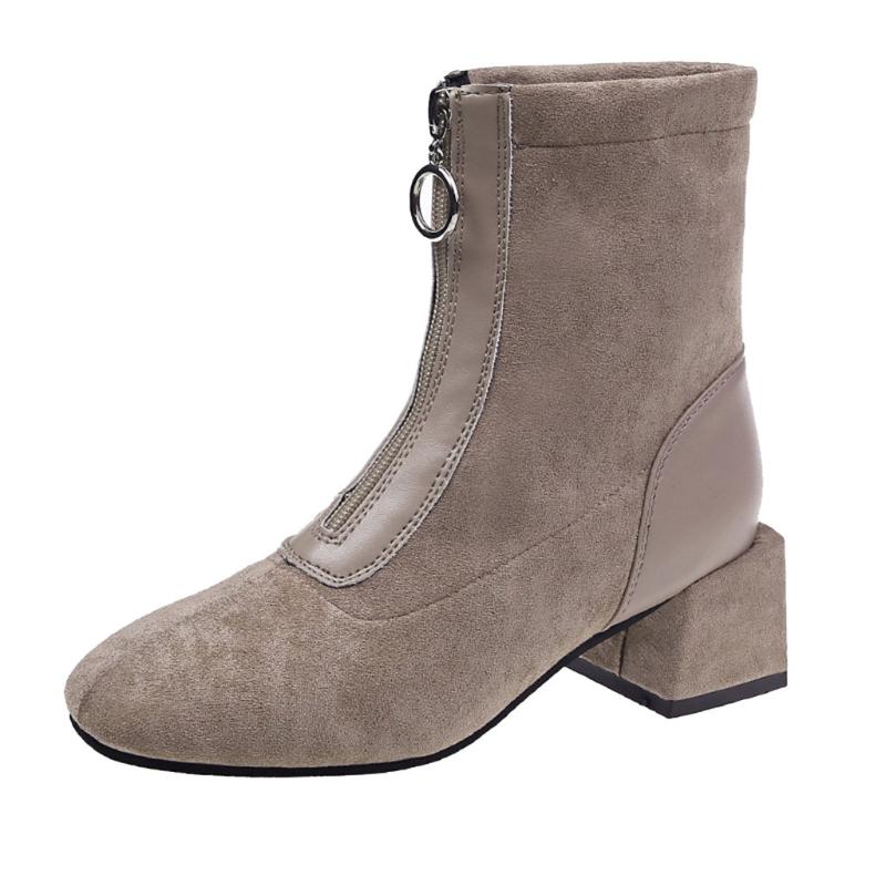 

Winter boots ladies fashion front zipper suede stitching solid color square head boots special high heels women, Black