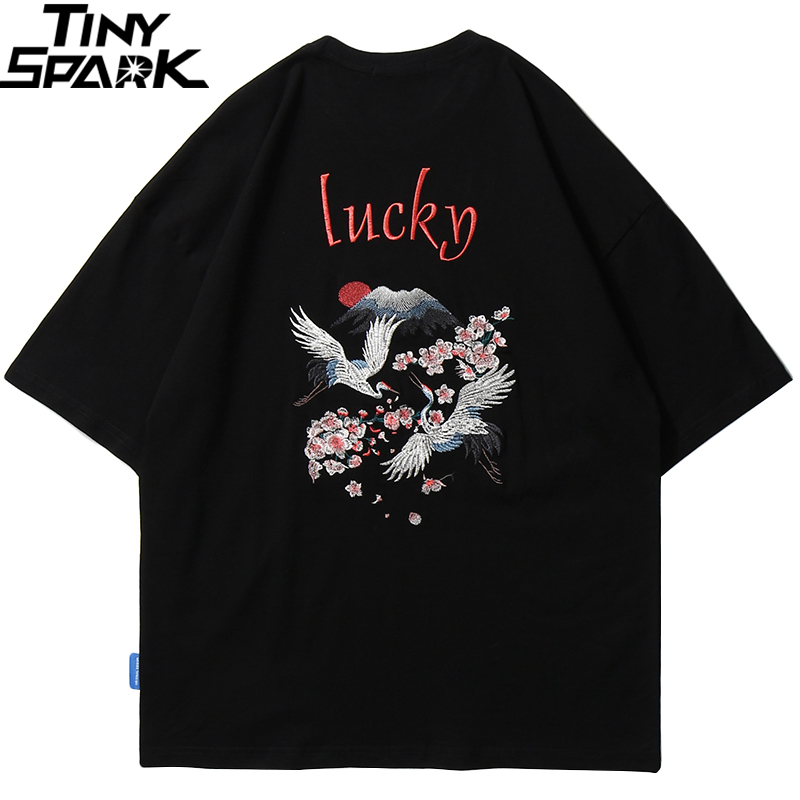 

Hip Hop T Shirt Men 2020 Japanese Streetwear Embroidery Crane Sakura Lucky T-Shirt Japan Style Tshirt Cotton Tops Tees, A448101 black