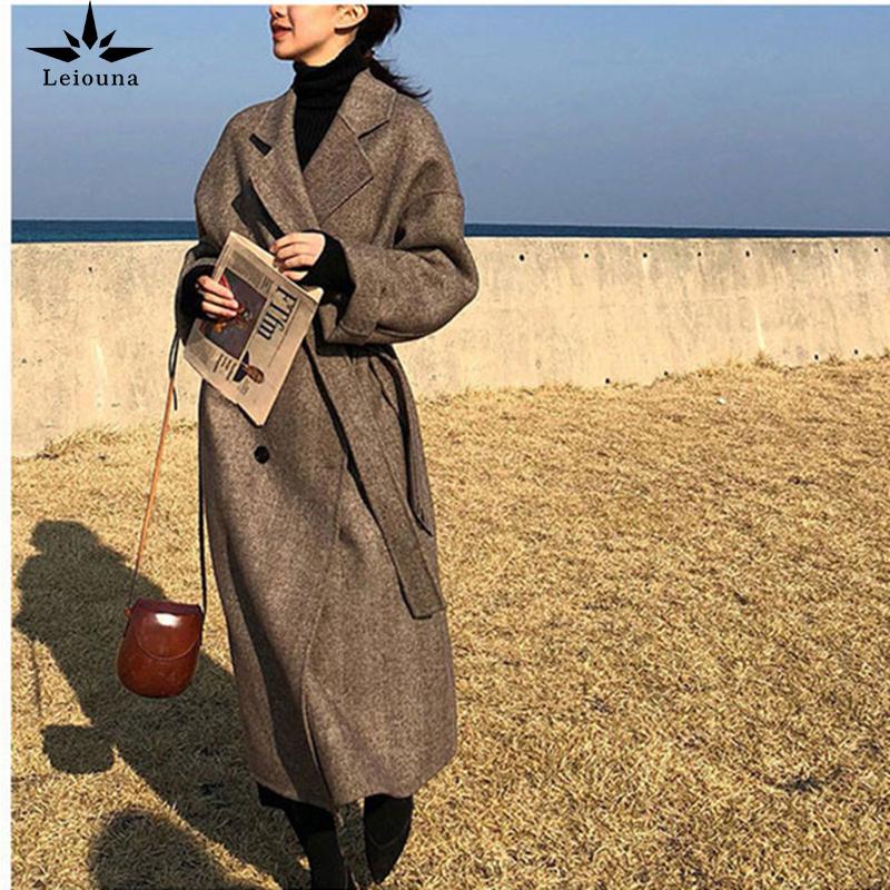 

Leiouna Loose Casual Long Sleeve Plus Size 2021 Fashion Women Winter Long Overcoat Outwear Wool Coat Cardigans Femme Belt Coat, Brown