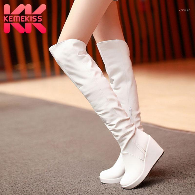 

KemeKiss Thigh High Boots Women New Winter Keep Warm Thicken Fur Wedges Shoes Women Plush Casual Platform Boots Size 34-391, White plush