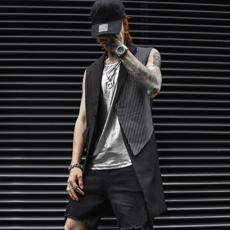 

2021 Spring Will See Striped Patchwork Long Vest in Hip Hop Club Black Gilet Men Gothic Stage Attire Casual Waist Jacket Dyo2