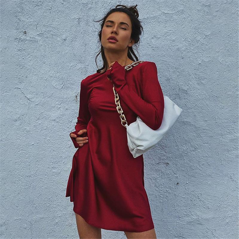 

Autumn Women Long Sleeve Satin Mini Dress Casual Sweet Red Orange Solid Color O-Neck High Waist A-Line Dress