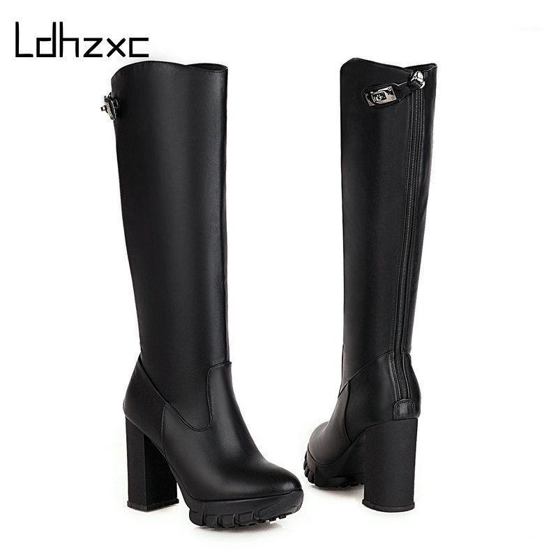 

LDHZXC Size 33-43 Fashion Black Knee High Boots Genuine Leather Boots High Heels Round Toe Zip Women Ladies Shoes1
