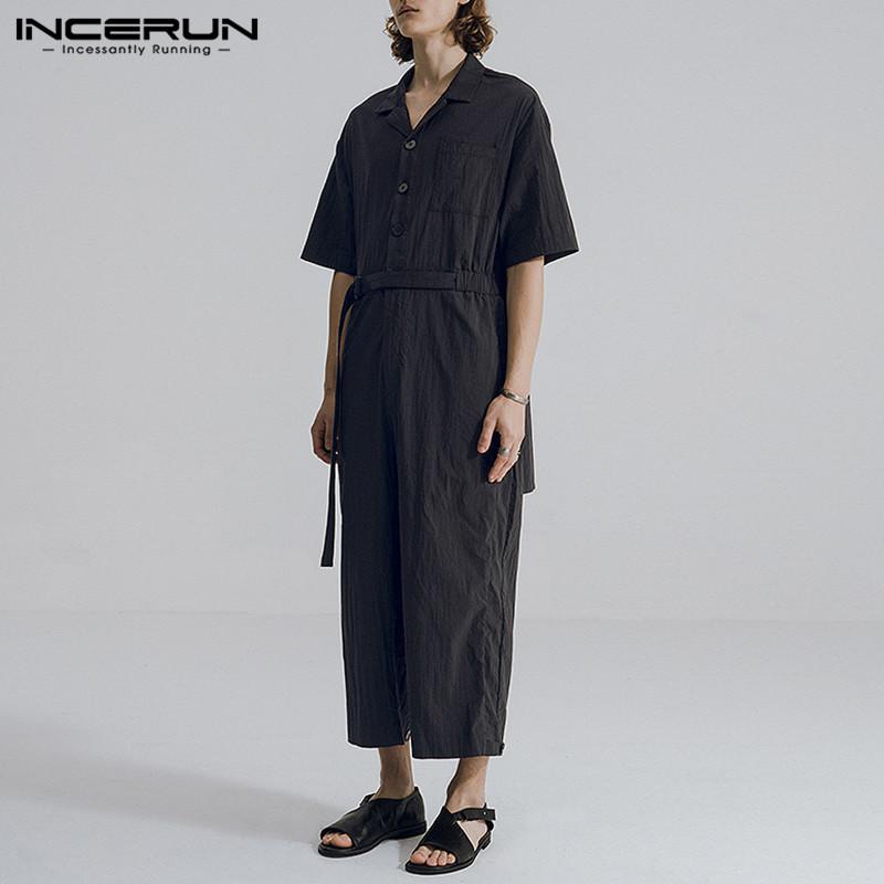 

INCERUN Mens Fashion Cargo Jumsuits Man Buttons Joggers Streetwear Man Short Sleeve Lapel Rompers Solid Color Overalls Pants 5XL, Black