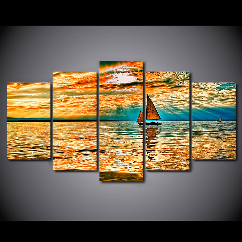 

5 Panel Canvas Art Sky Clouds Sun Rays Lake Sailboat Painting Canvas Print Room Decor Print Painting