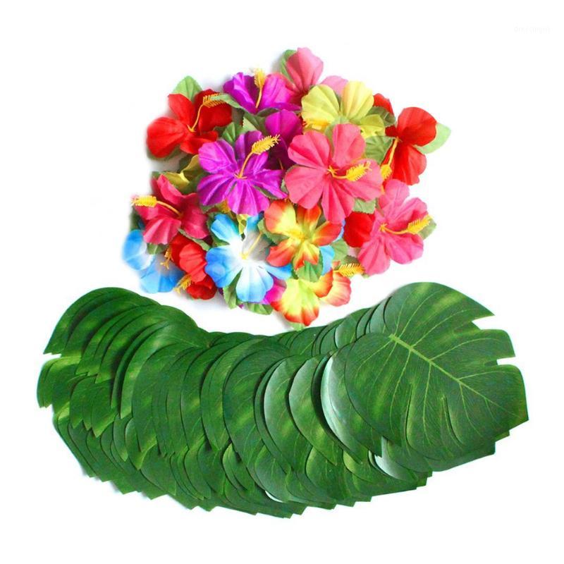 

60 Pcs Tropical Party Decoration Supplies 8 inch Tropical Palm Monstera Leaves and Flowers, Simulation Leaf for Hawai1, Multi