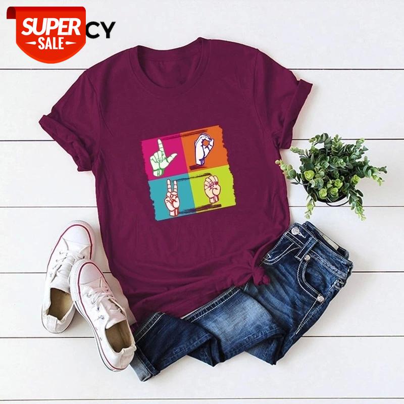 

JFUNCY 2020 Summer Plus Size Tees Women Cotton T Shirt Oversize Short Sleeve Loose Female Tops LOVE Gesture Print Lady T-shirt #sE0u, White