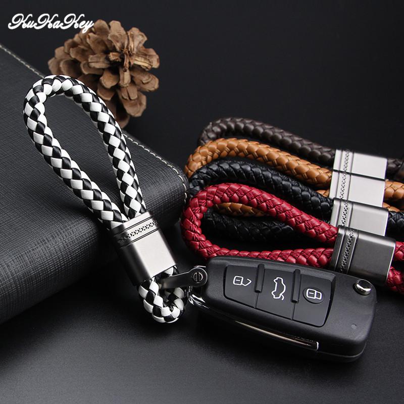 

KUKAKEY Hand Woven Car Keychain Keyring For VW MG Mitsubishi Mustang Opel Peugeot Auto Car Key Chain Rings Holder