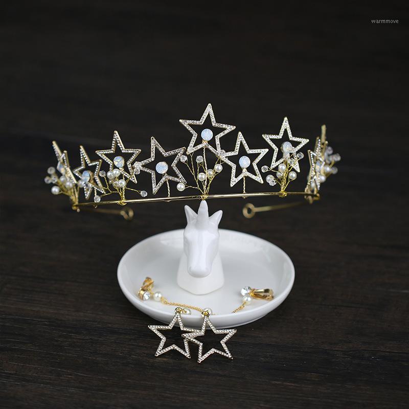 

Fashion Stars Crowns With Earrings Tiara And Crown Wedding Hair Accessories Bridal Hair Jewelry Tiaras Noiva Pearl Women Diadem1, As pic