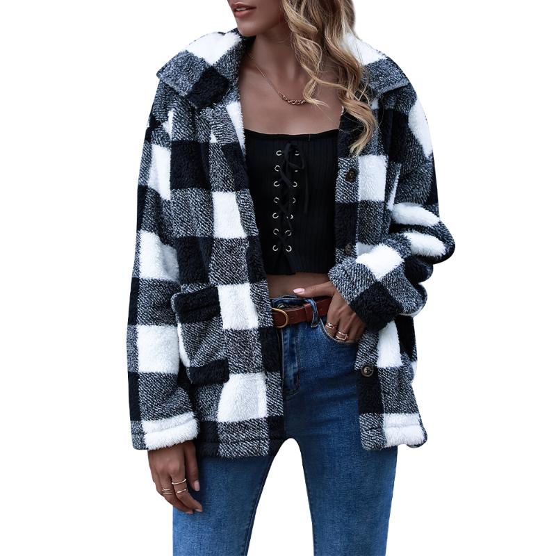 

Woman Jackets Woolen Patchwork Coat Turn Collar Cardigan Overcoat Warm Winter Outwear Plaid Women Coat, Black white