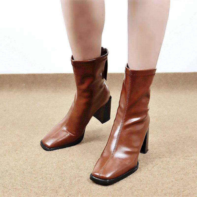 

Retro Square Toe Riding Boots Woman Fashion zippers Chunky high Heel Ankle Boots Black Beige Brown Zipper Winter Shoes Women