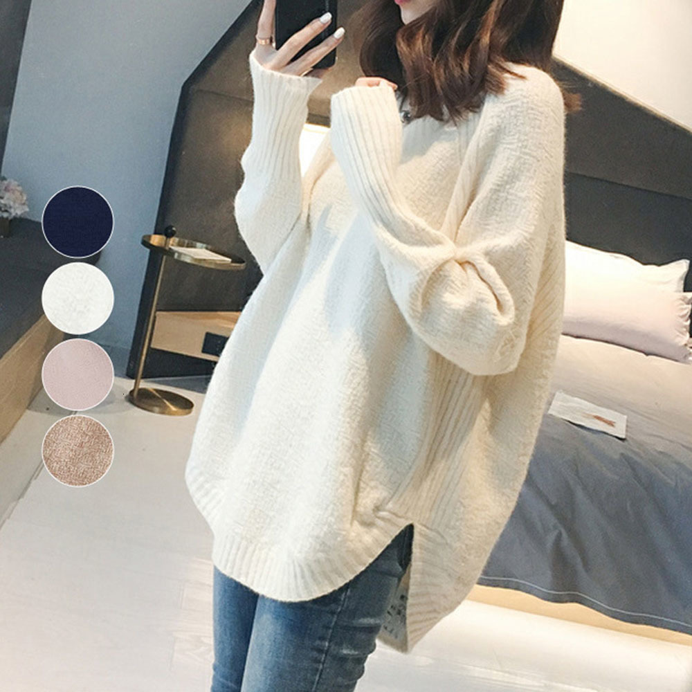 

2021 New Women Loose Sweater V-neck Split Fashion Style Knitted Pullover Sweaters Autumn Winter Tops NET4, White